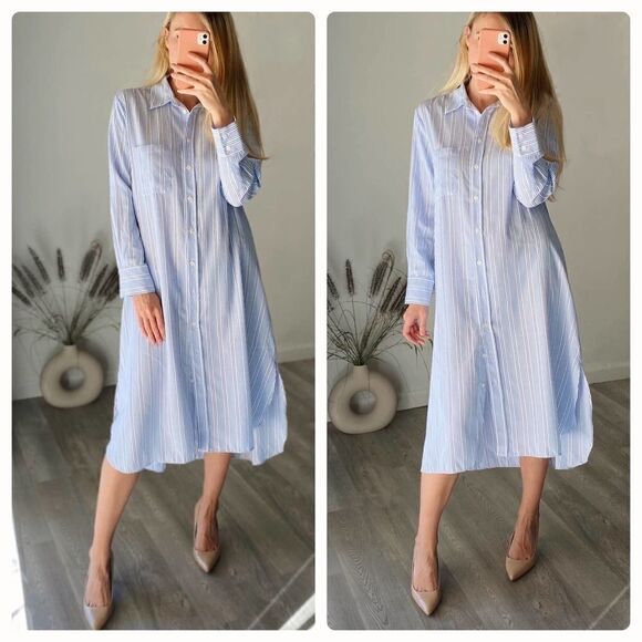 Zara Shirt Dress Blue Striped Midi - Picture 3 of 8